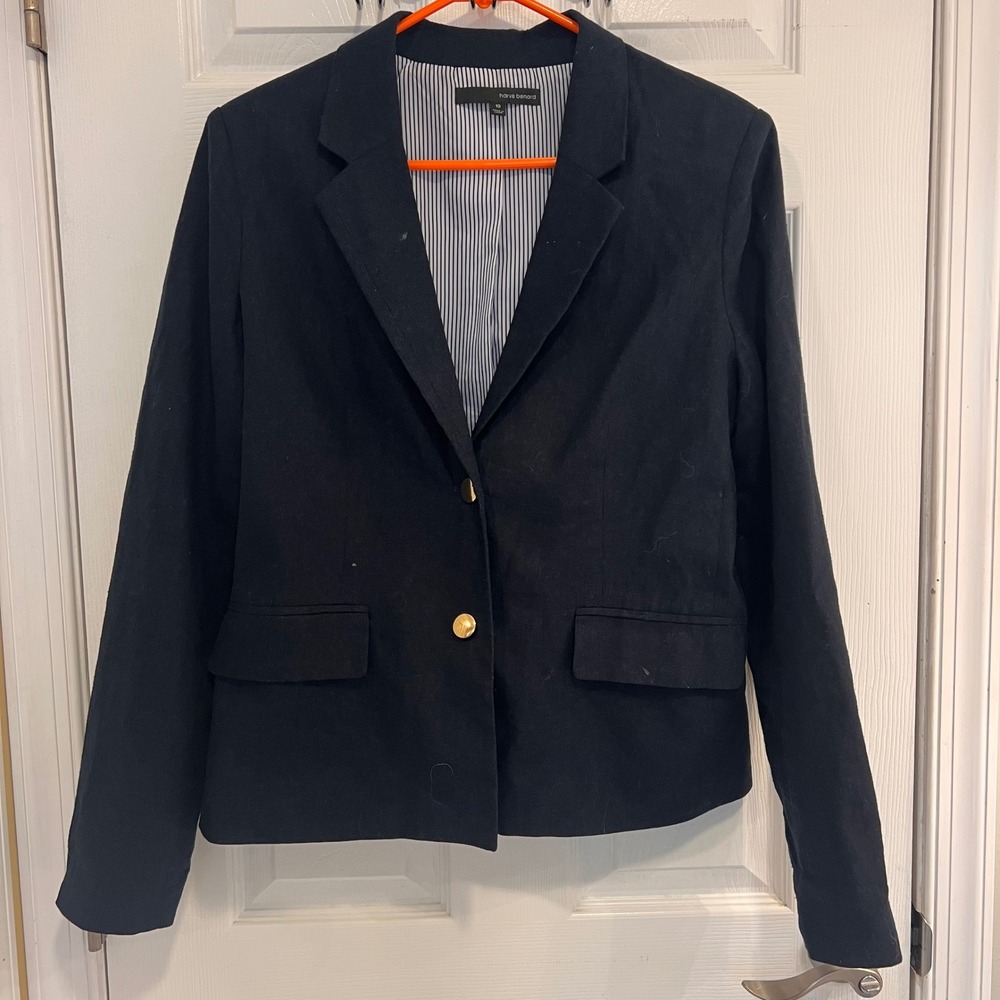 Harve Benard Navy Blue Two Button Blazer Gold Buttons Striped Lining Size 10
